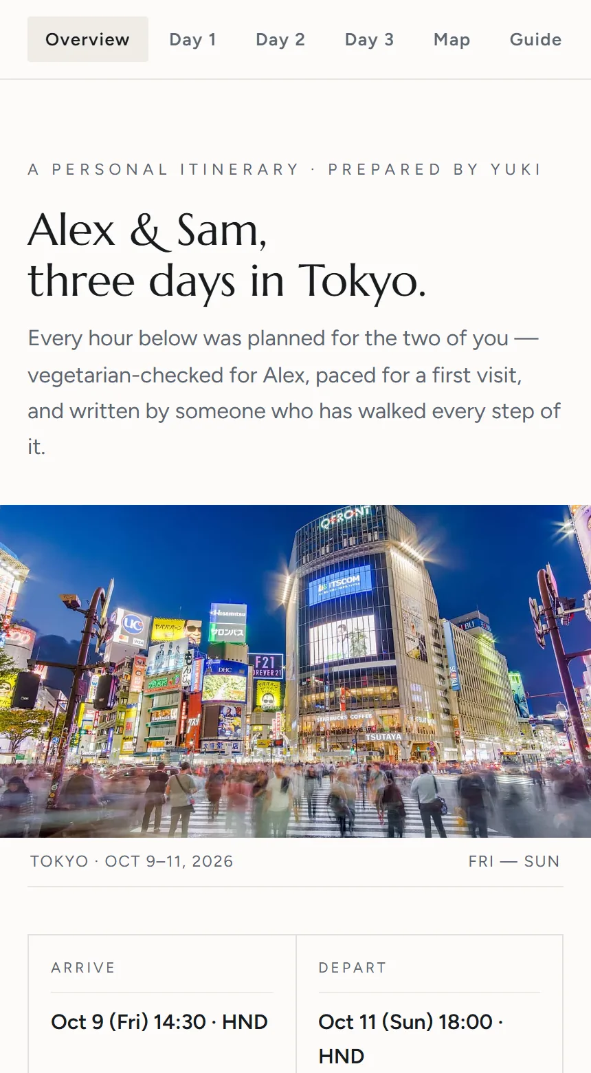 The opening screen of a real guide on a phone, with the traveller's name, dates and flights