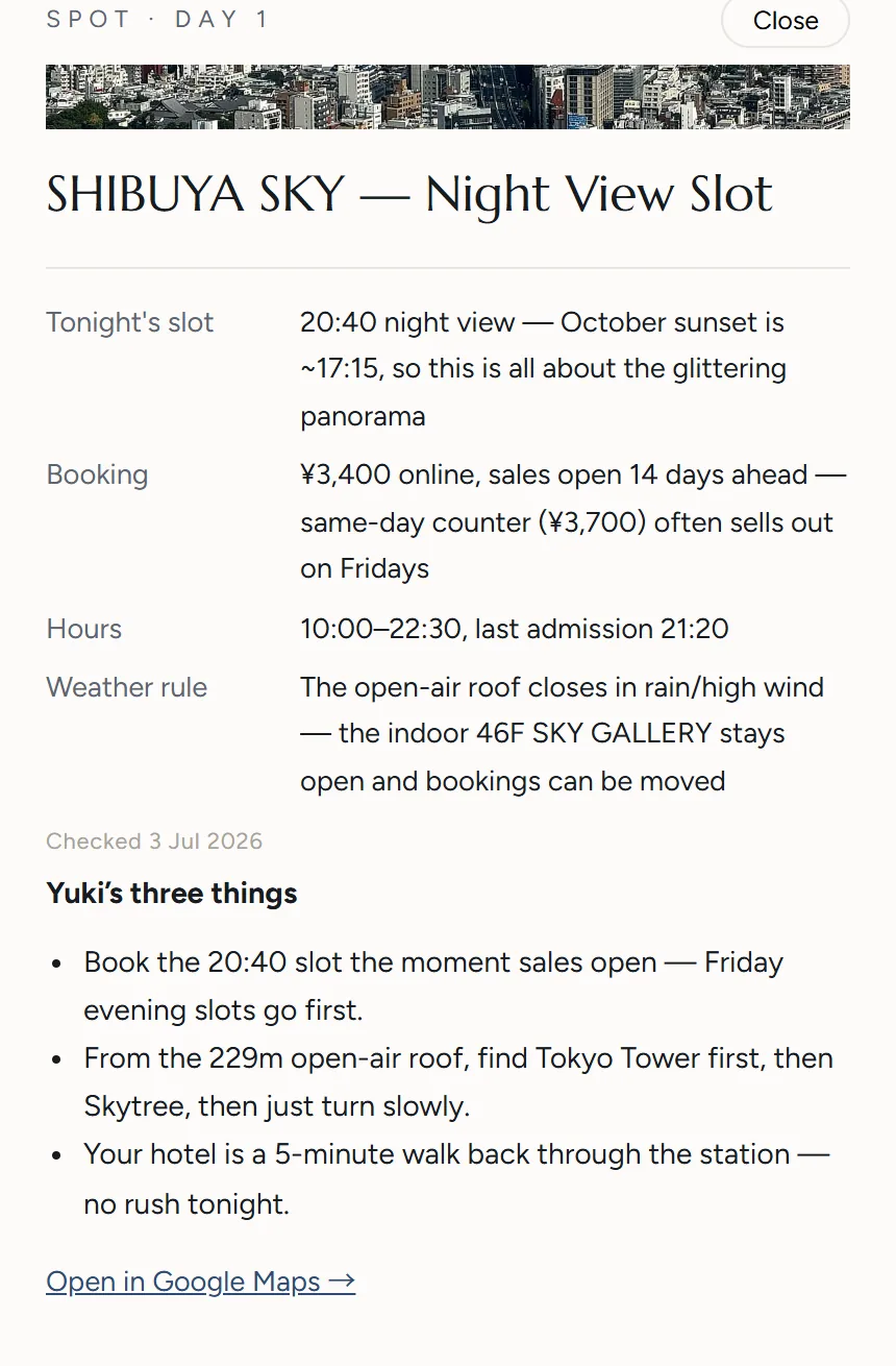 A spot sheet inside a real guide, showing opening hours, booking rules and what happens in bad weather