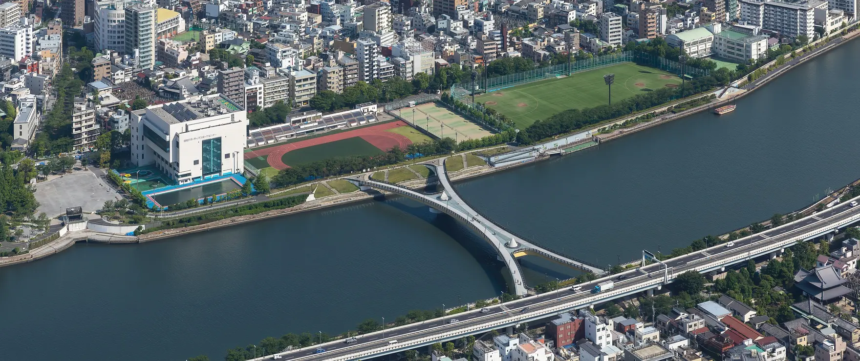 Everyday Tokyo seen from above — the Sumida river, a neighbourhood sports ground and low-rise houses